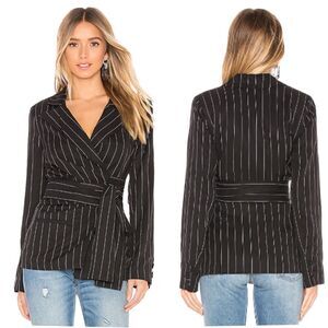 Lovers + Friends Women S Bardot Blazer Jacket Black White Striped Wrap Waist Tie